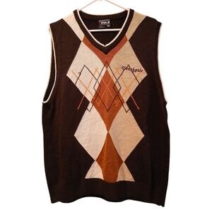 Southpole Mens Argyle Sweater Vest Brown Orange Knit V-Neck XL Acrylic
